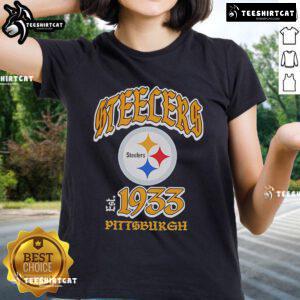 Official Steelers Pittsburgh 1933 Logo Ladies Tee featuring vintage design, perfect for female fans of the Steelers.