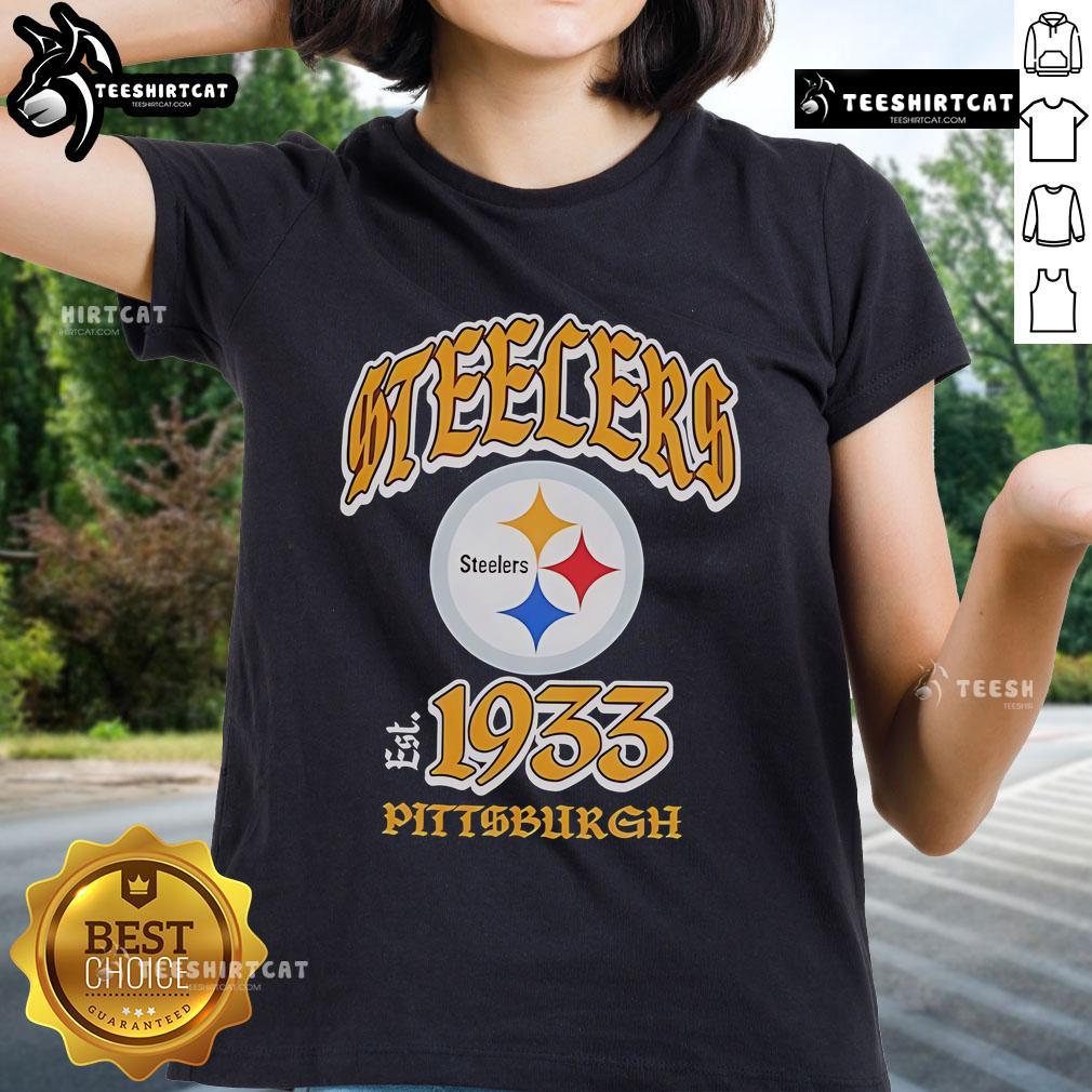 Official Steelers Pittsburgh 1933 Logo Ladies Tee featuring vintage design, perfect for female fans of the Steelers.