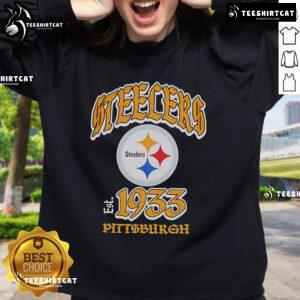 Alt Text: Official Steelers Pittsburgh 1933 logo sweatshirt featuring vintage design and team colors, perfect for fans.