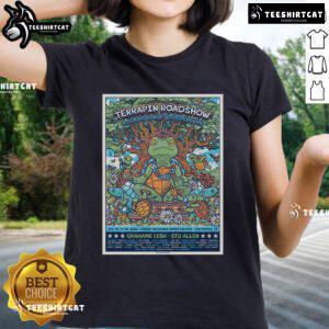 Alt Text: Official Terrapin Crossroads San Rafael CA July 18-20 2025 tour poster for ladies tee featuring vibrant design.