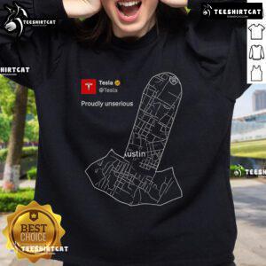 Alt Text: Official Tesla Proudly Unserious Map Meme Sweatshirt featuring a humorous map design, perfect for Tesla fans.