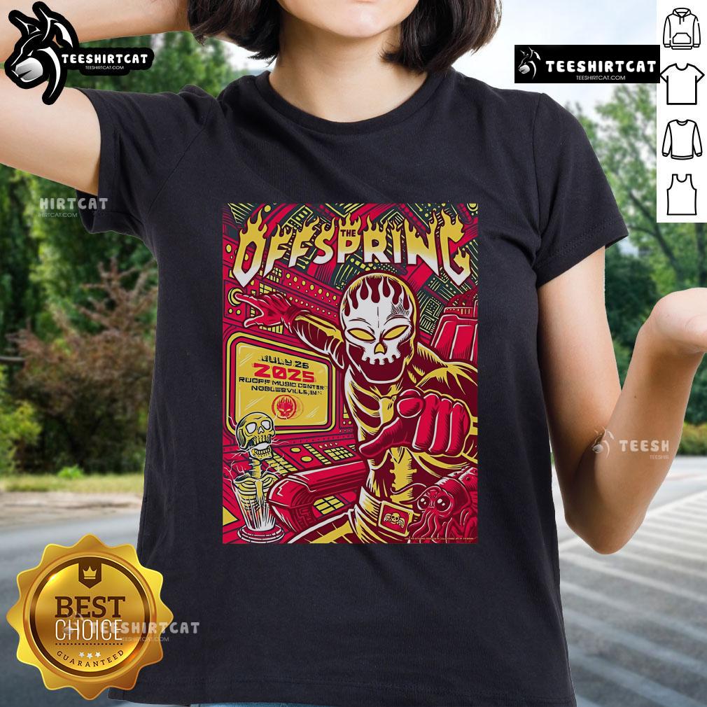 Official The Offspring concert poster for Ruoff Music Center, Noblesville, IN, July 26, 2025, featuring ladies' tee design.