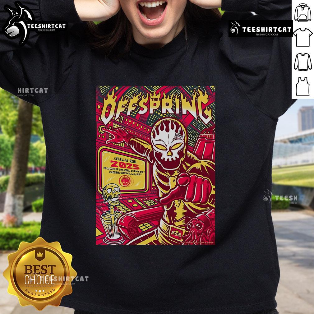 Alt Text: Official The Offspring concert poster and sweatshirt for Ruoff Music Center, Noblesville, IN, July 26, 2025.