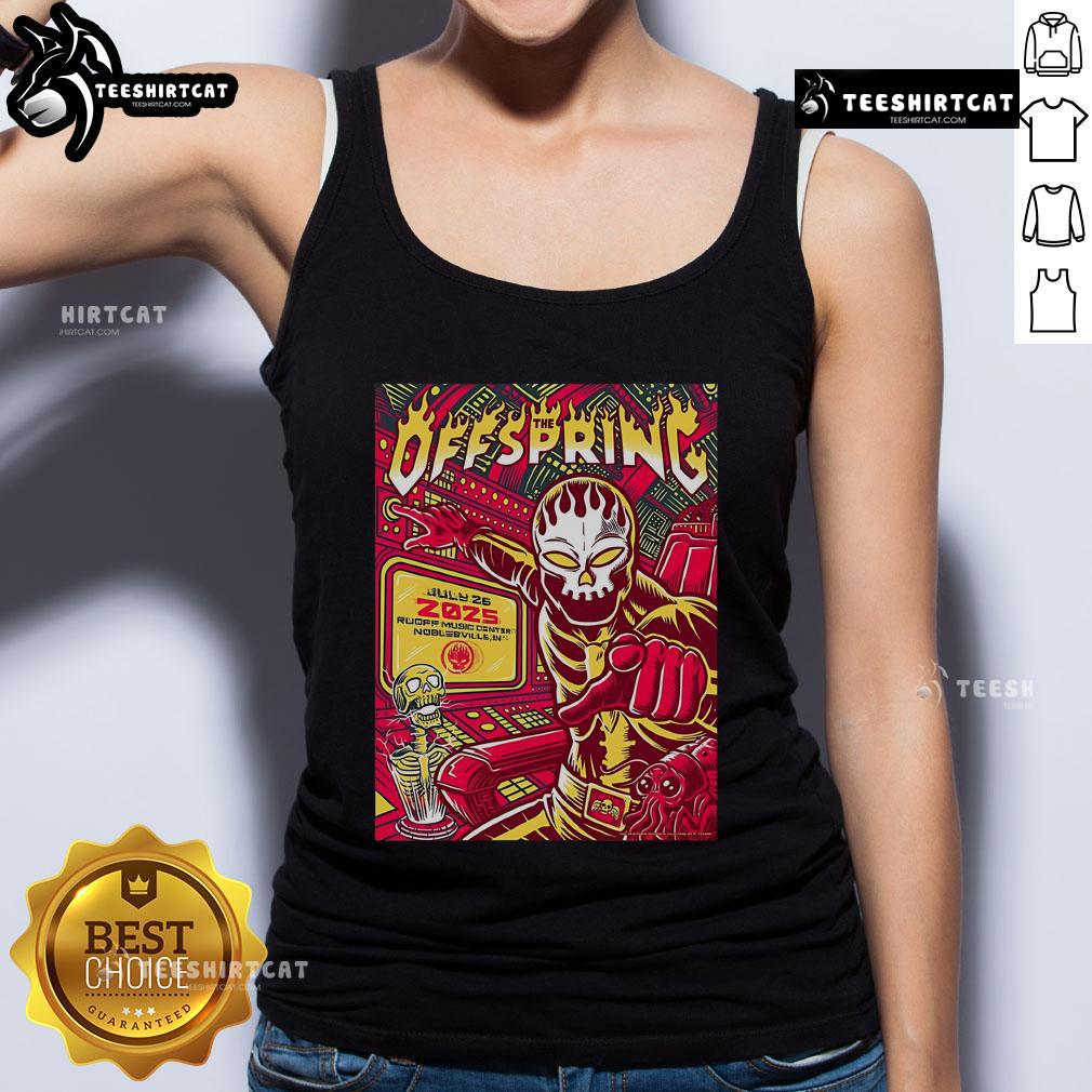 Official The Offspring concert poster for Ruoff Music Center in Noblesville, IN, featuring a tank top design, July 26, 2025.