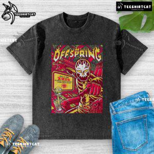 Official The Offspring concert poster for Ruoff Music Center, Noblesville, IN, July 26, 2025, on a washed t-shirt.