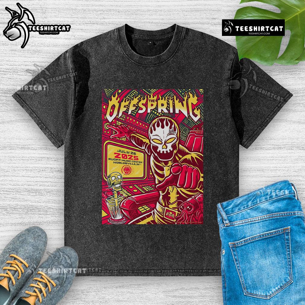 Official The Offspring concert poster for Ruoff Music Center, Noblesville, IN, July 26, 2025, on a washed t-shirt.