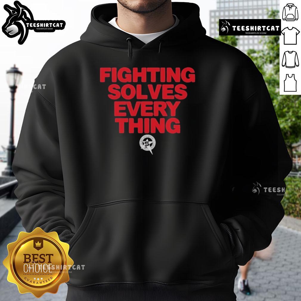 Official Tim Sylvia Fighting Solves Everything Hoodie featuring bold graphics and a comfortable fit for MMA fans.