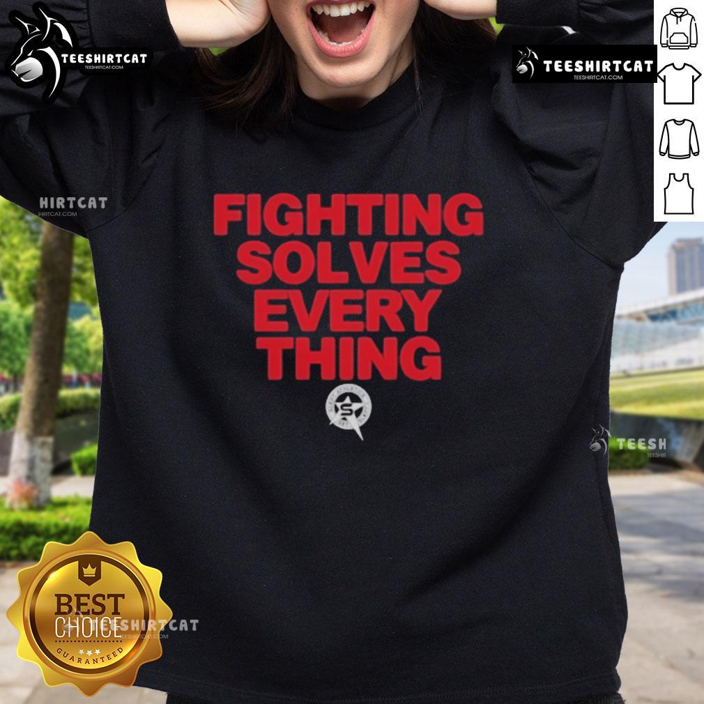 Official Tim Sylvia Fighting Solves Everything sweatshirt featuring a bold design, perfect for MMA fans and enthusiasts.