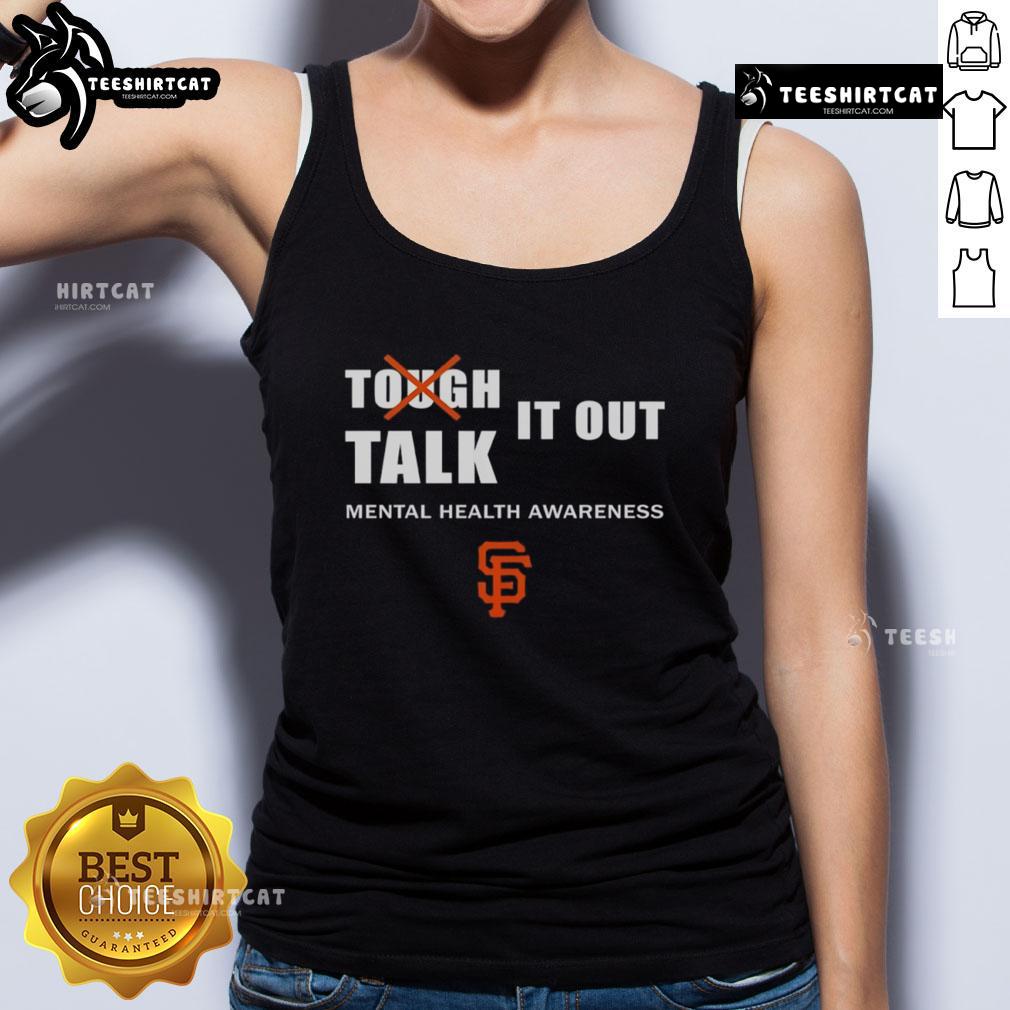 Official Tough It Out Talk Mental Health Awareness tank top featuring bold graphics promoting mental health advocacy.