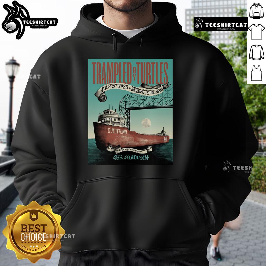 Official Trampled By Turtles Duluth MN 2025 July 05 SG Goodman hoodie displayed on a mannequin with vibrant graphics.