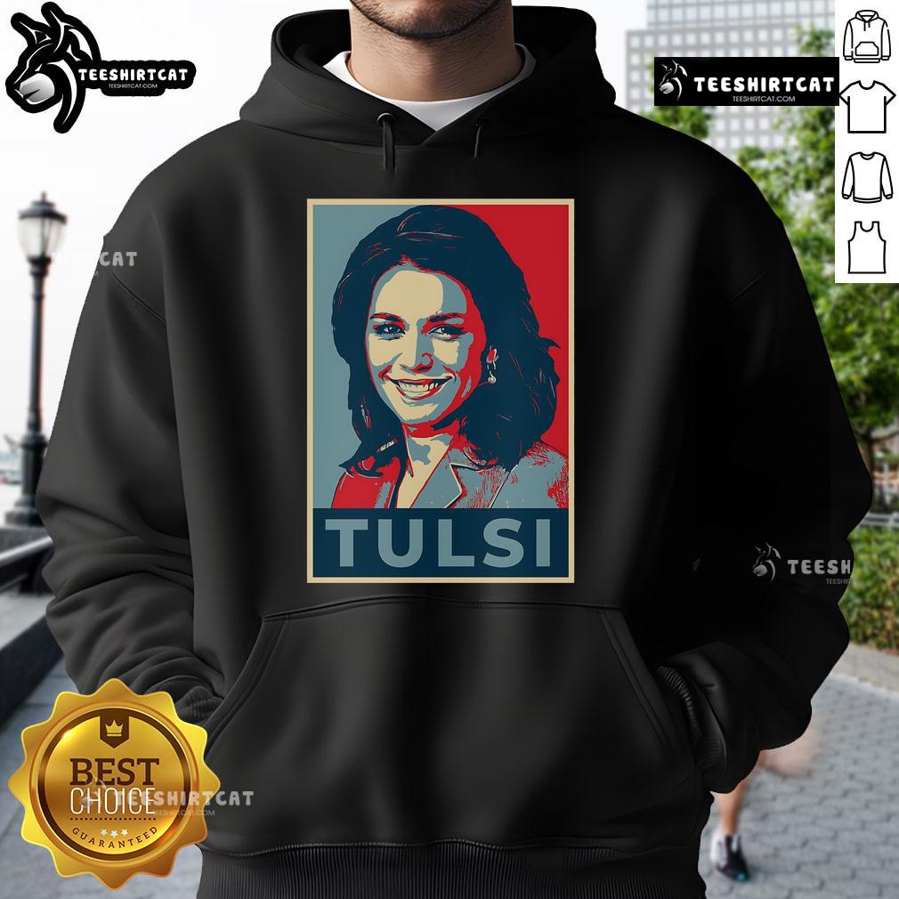 Official Tulsi Gabbard portrait on a stylish hope hoodie, promoting her inspirational message and political campaign.