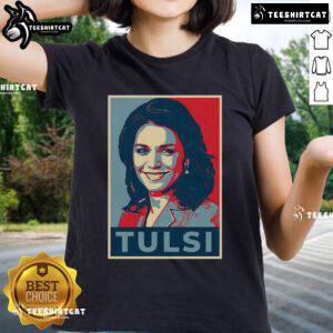 Official Tulsi Gabbard portrait on a stylish ladies tee, showcasing her inspiring image and political message.