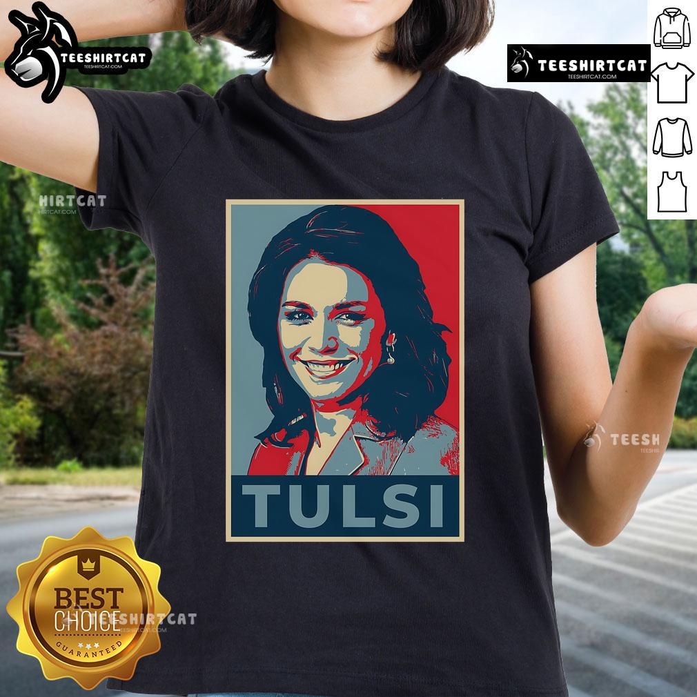 Official Tulsi Gabbard portrait on a stylish ladies tee, showcasing her inspiring image and political message.