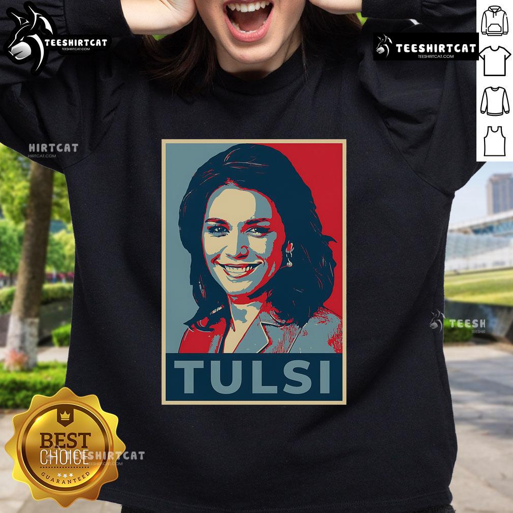 Official Tulsi Gabbard portrait on a stylish Hope sweatshirt, showcasing her commitment to progressive values.