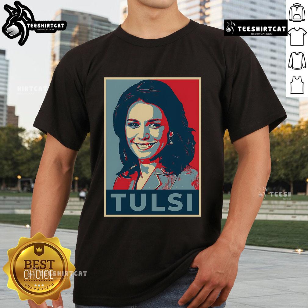 Official Tulsi Gabbard Portrait Hope T-Shirt featuring a vibrant design of Tulsi Gabbard's image and campaign slogan.