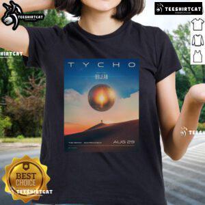 Official Tycho concert poster for Aug 29, 2025, at The Midway, San Francisco, featuring a stylish ladies tee design.