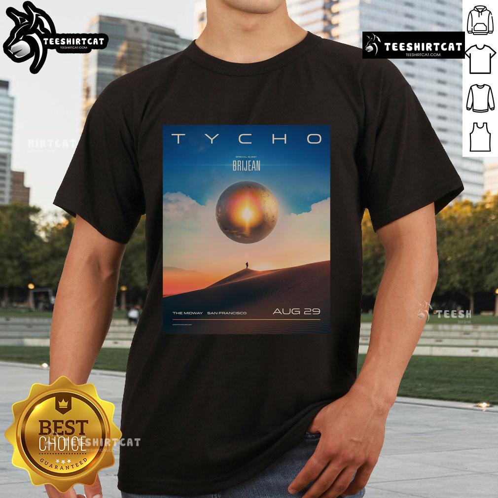Alt Text: Official Tycho Aug 29 2025 concert poster T-shirt from The Midway, San Francisco, CA featuring vibrant design.