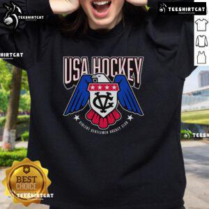 Official USA Hockey logo sweatshirt featuring bold team colors and emblem, perfect for hockey fans and casual wear.