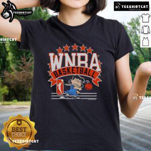 Alt Text: Official WNBA Basketball Lucy Van Pelt Ladies Tee featuring vibrant graphics and a stylish fit for female fans.