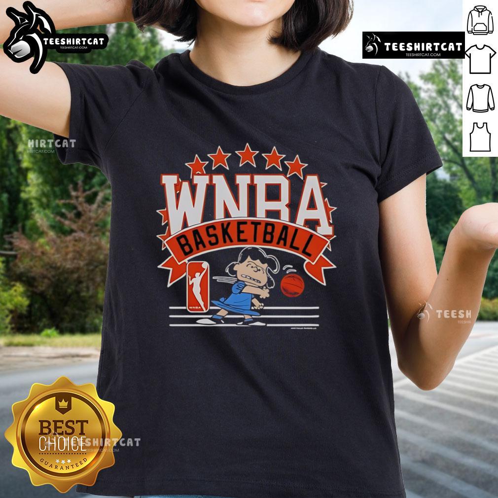 Alt Text: Official WNBA Basketball Lucy Van Pelt Ladies Tee featuring vibrant graphics and a stylish fit for female fans.