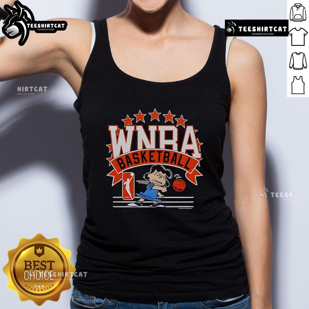 Alt Text: Official WNBA basketball Lucy Van Pelt tank top featuring vibrant design and sporty style for fans and players.