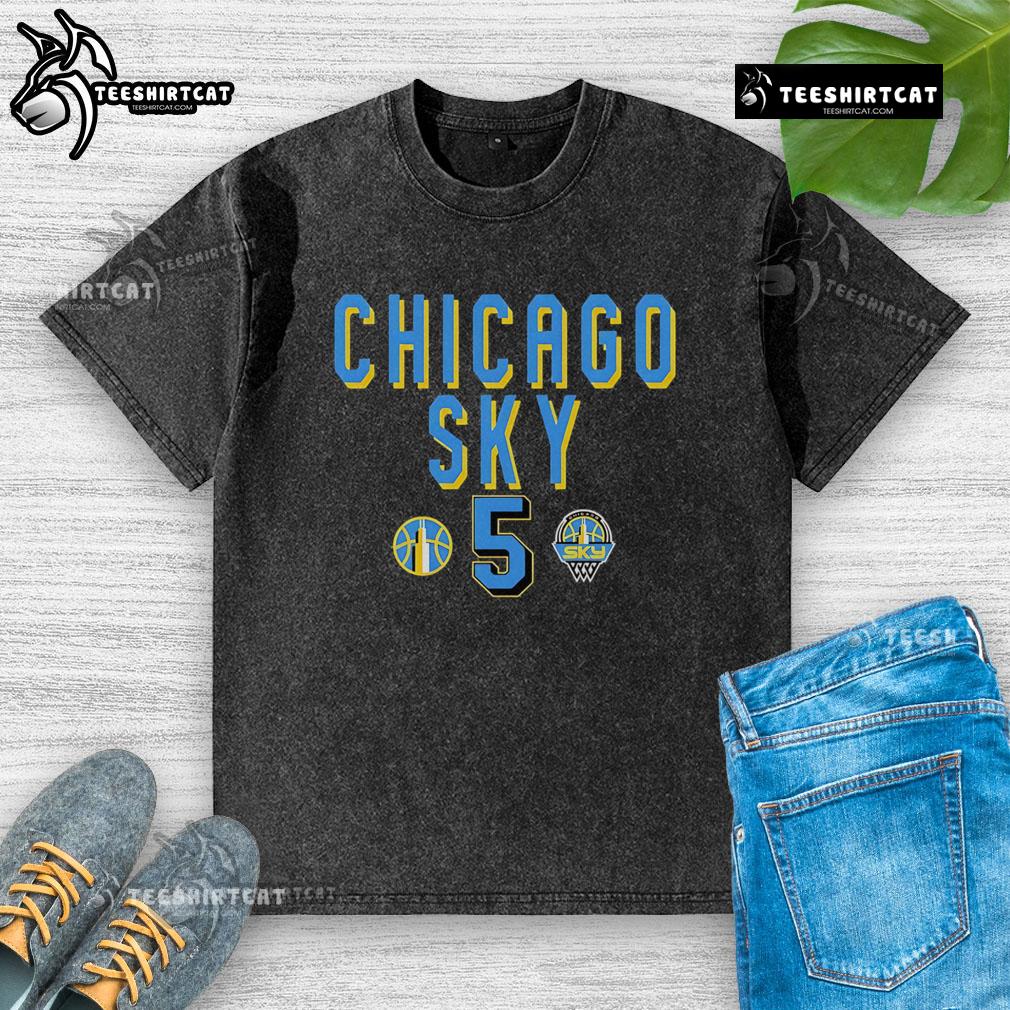 Official WNBA Chicago Sky Angel Reese 5 Style Washed T-Shirt featuring team colors and logo, perfect for fans.