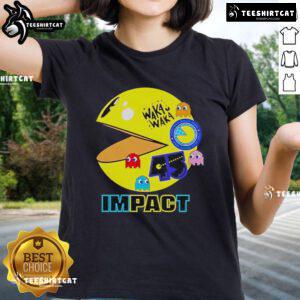 Official Waka Waka Pac-Man 45th Anniversary ladies' tee featuring vibrant graphics and a retro gaming design.
