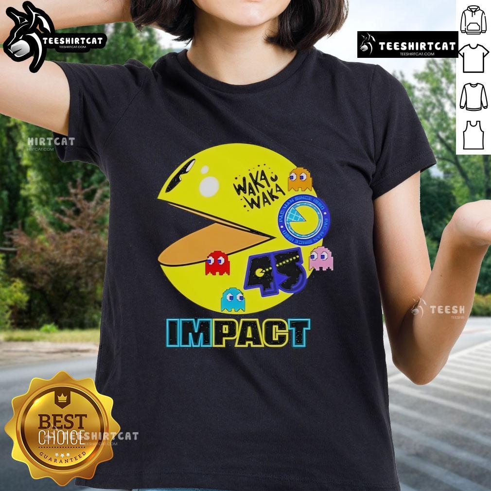 Official Waka Waka Pac-Man 45th Anniversary ladies' tee featuring vibrant graphics and a retro gaming design.