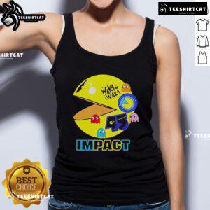 Alt Text: Official Waka Waka Pac-Man 45th Anniversary tank top featuring iconic game graphics and vibrant colors.
