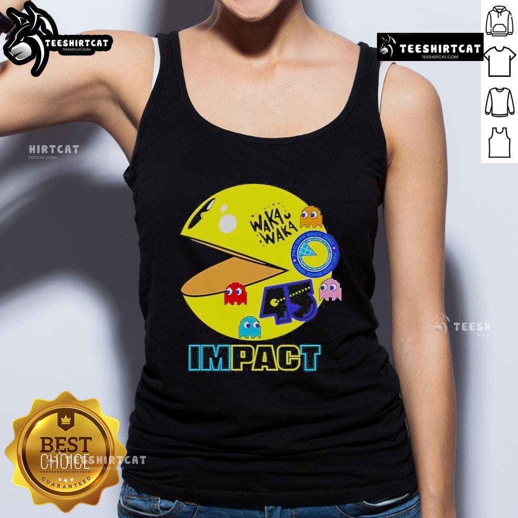 Alt Text: Official Waka Waka Pac-Man 45th Anniversary tank top featuring iconic game graphics and vibrant colors.