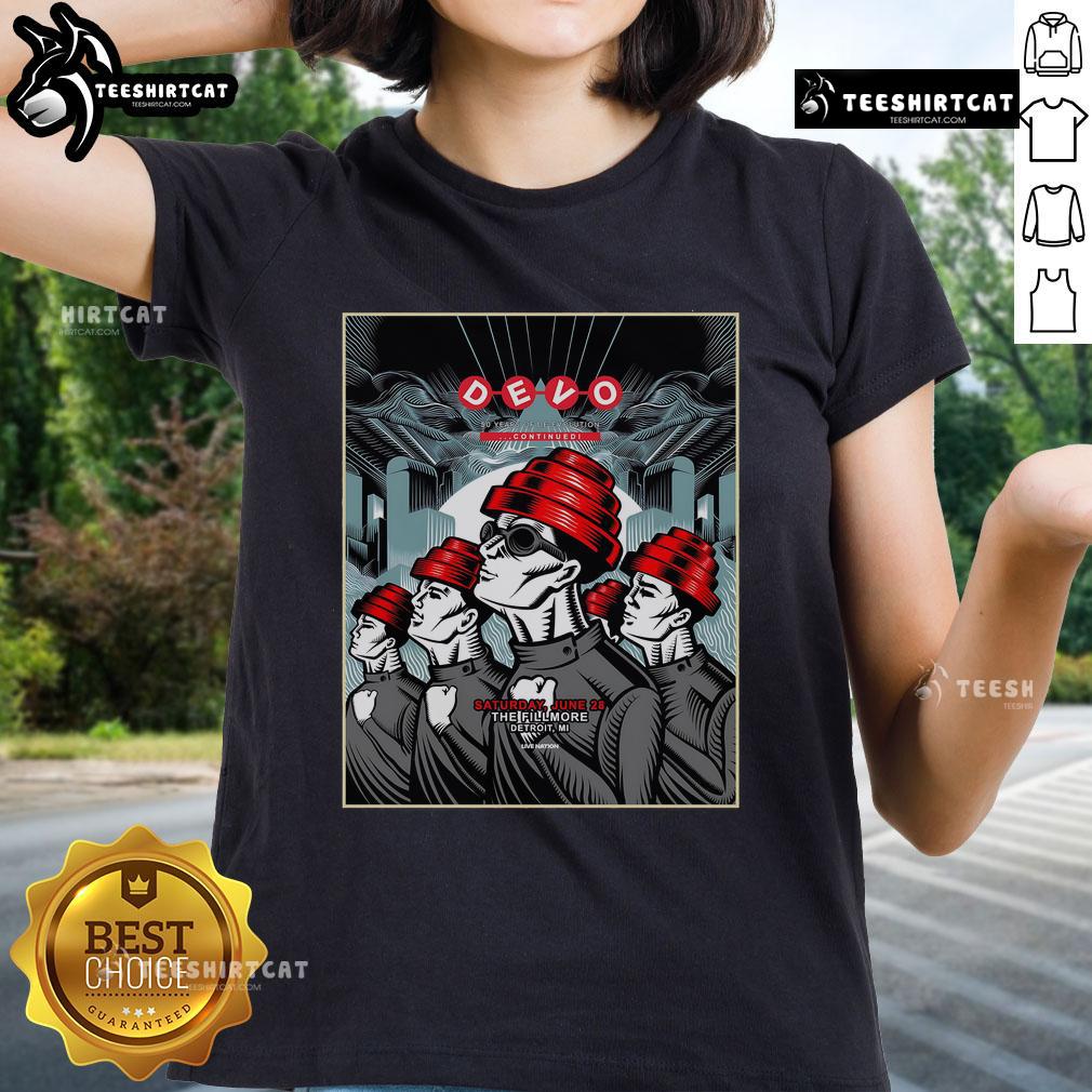 Original Devo concert poster for June 28, 2025, at The Fillmore, Detroit, featuring ladies' tee design.