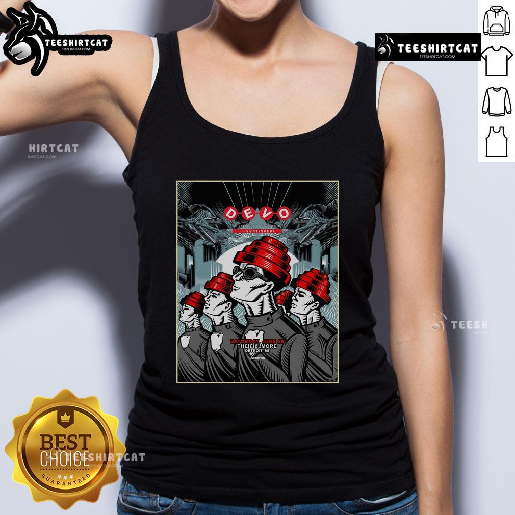 Original Devo concert poster tank top from June 28, 2025, at The Fillmore, Detroit, MI, featuring iconic band graphics.