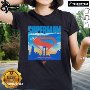 Alt Text: Original Superman Metropolis City of Tomorrow ladies tee featuring iconic superhero graphics and vibrant colors.
