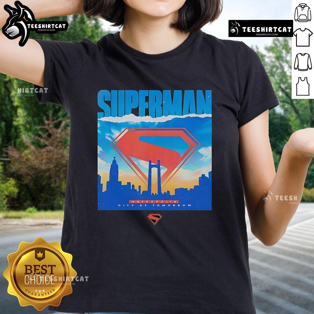 Alt Text: Original Superman Metropolis City of Tomorrow ladies tee featuring iconic superhero graphics and vibrant colors.