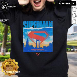 Original Superman Metropolis City of Tomorrow sweatshirt featuring iconic superhero graphics and vibrant colors.