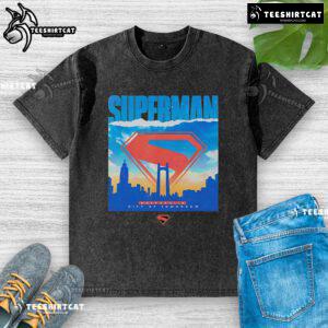 Original Superman Metropolis City of Tomorrow washed t-shirt featuring iconic comic book graphics and vibrant colors.