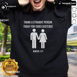 Alt Text: Original Thank A Straight Person Today sweatshirt featuring Genesis 1:27 design in vibrant colors.