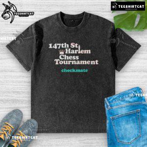 Premium 147th St Harlem Chess Tournament Checkmate Washed T-Shirt featuring a stylish chess design for chess enthusiasts.