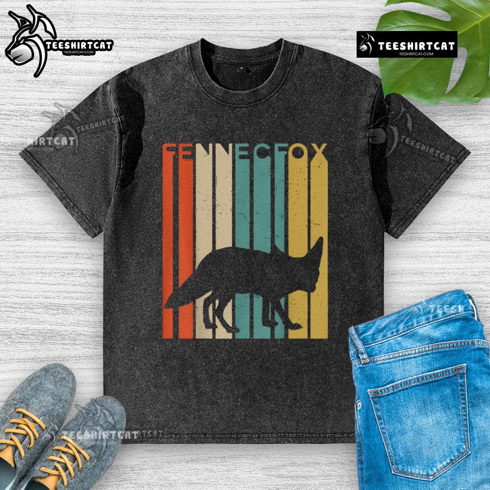 Premium Fennec Fox silhouette on a striped vintage washed t-shirt, showcasing wildlife animal design for casual wear.