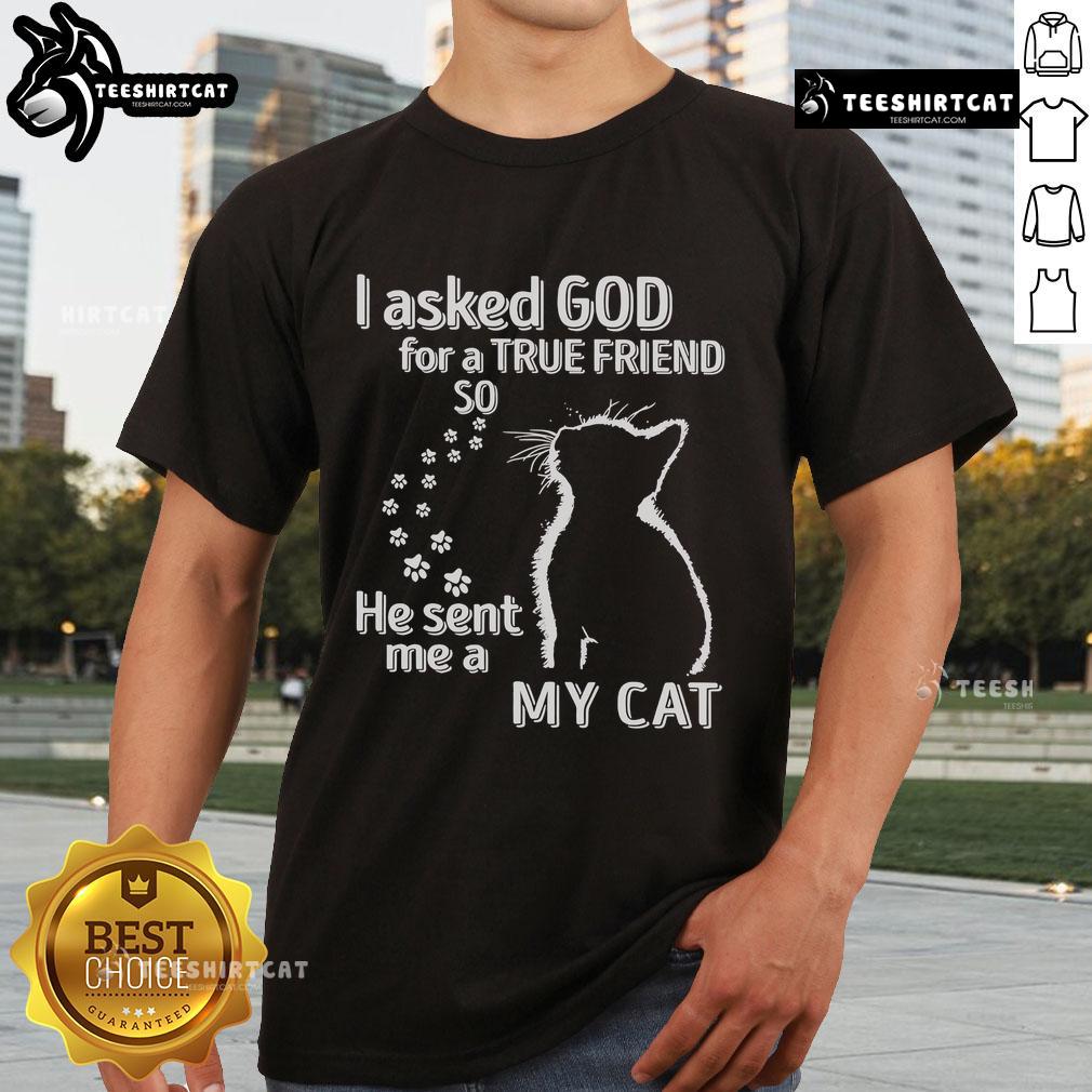 Premium 'I Asked God For A True Friend So He Sent Me A Cat' T-Shirt showcasing a playful cat design for pet lovers.