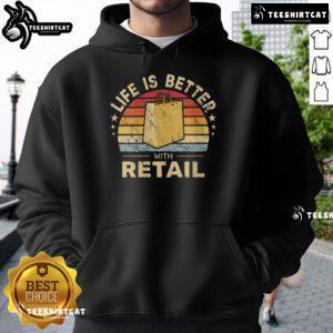 Vintage sunset hoodie featuring 'Life is Better with Retail' design, perfect for stylish, casual wear enthusiasts.