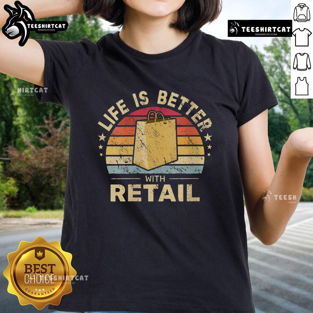 Alt Text: Premium Life Is Better With Retail Bag Vintage Sunset Ladies Tee featuring a stylish sunset graphic on a soft fabric.