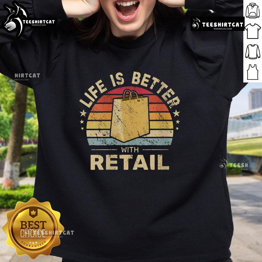 Alt Text: Vintage sunset sweatshirt featuring Premium Life is Better with Retail design, perfect for casual wear.