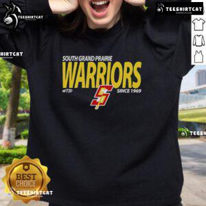 Premium South Grand Prairie Warriors Since 1969 sweatshirt in navy blue, showcasing team spirit and comfort.