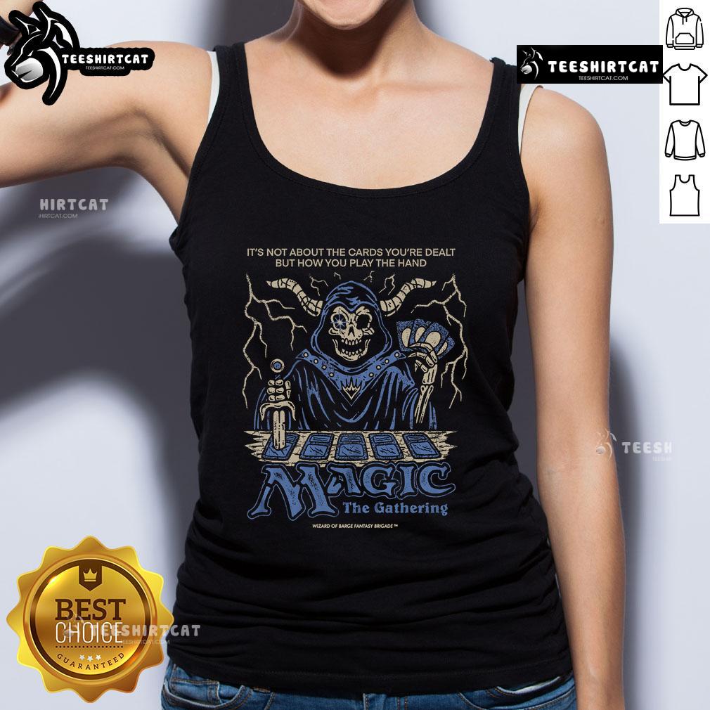 Alt Text: Premium 'The Cards You're Dealt' Magic: The Gathering tank top featuring vibrant artwork for fans and collectors.