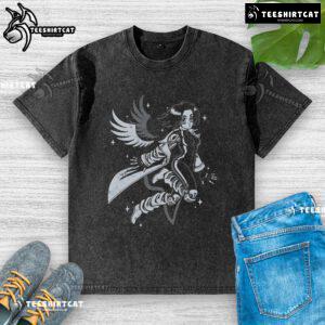 Alt Text: Pretty angelic cyborg anime girl design on a washed t-shirt, featuring vibrant colors and intricate details.
