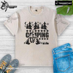 Pretty Camping Life Premium Washed T-Shirt in a serene outdoor setting, perfect for nature lovers and adventure seekers.