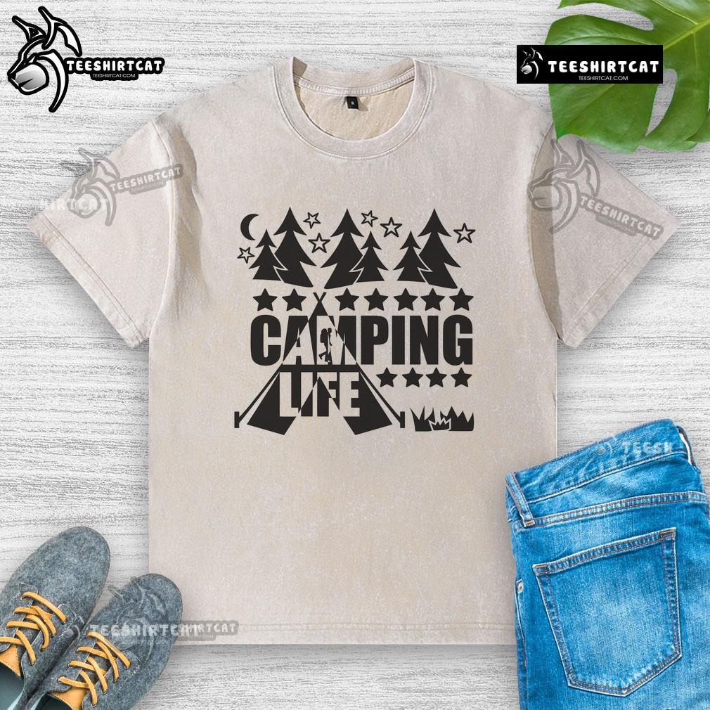 Pretty Camping Life Premium Washed T-Shirt in a serene outdoor setting, perfect for nature lovers and adventure seekers.