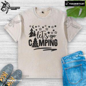 Pretty Lets Go Camping washed t-shirt featuring a fun camping graphic, perfect for outdoor enthusiasts and adventure lovers.