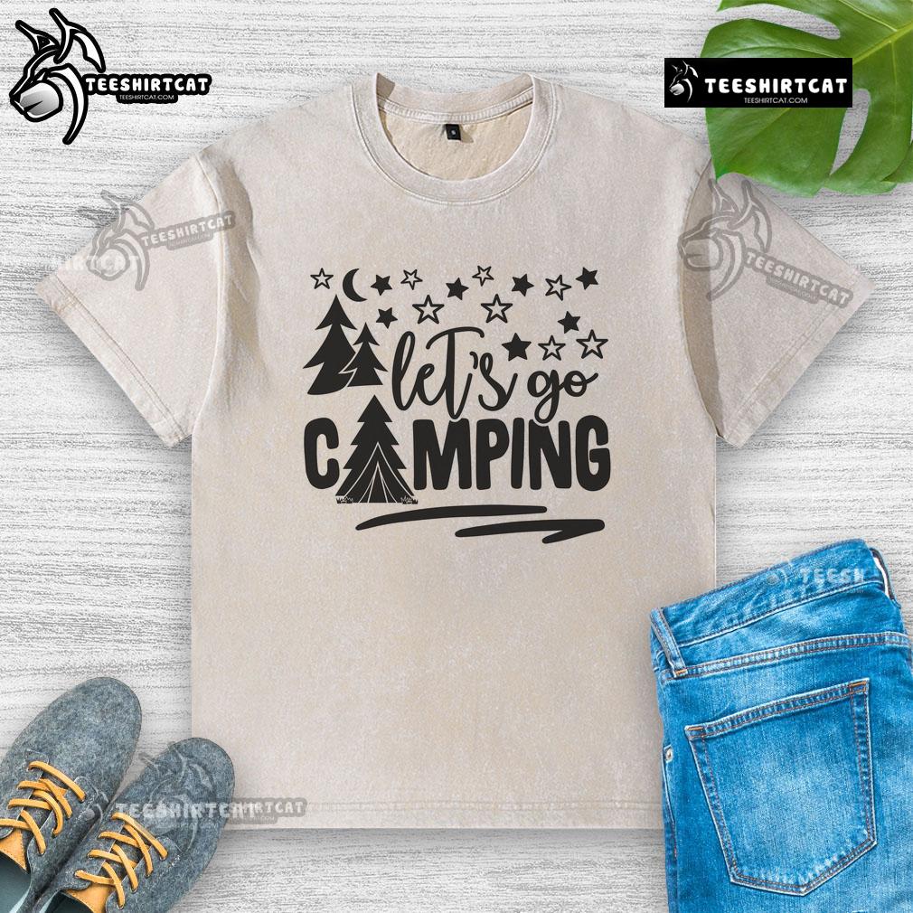 Pretty Lets Go Camping washed t-shirt featuring a fun camping graphic, perfect for outdoor enthusiasts and adventure lovers.